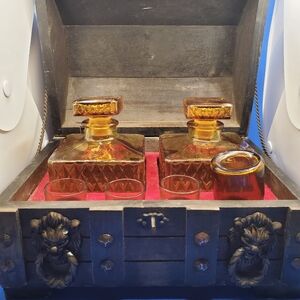 Vintage Medieval Revival Treasure Chest. Decanters & Shot Glasses. Man Cave Bar.